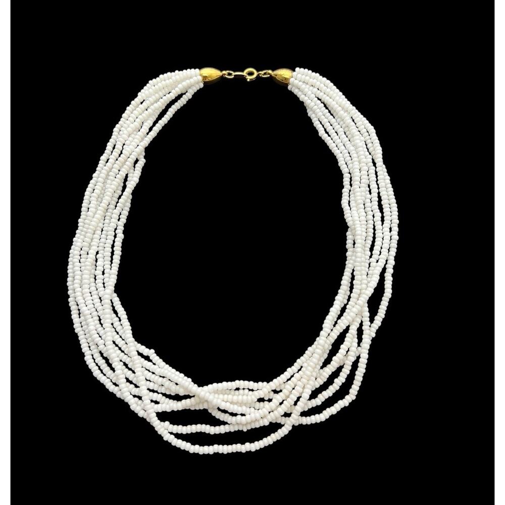 Trifari TM Necklace Vintage White Glass Seed Bead Multi Strand Bohemian Beauty